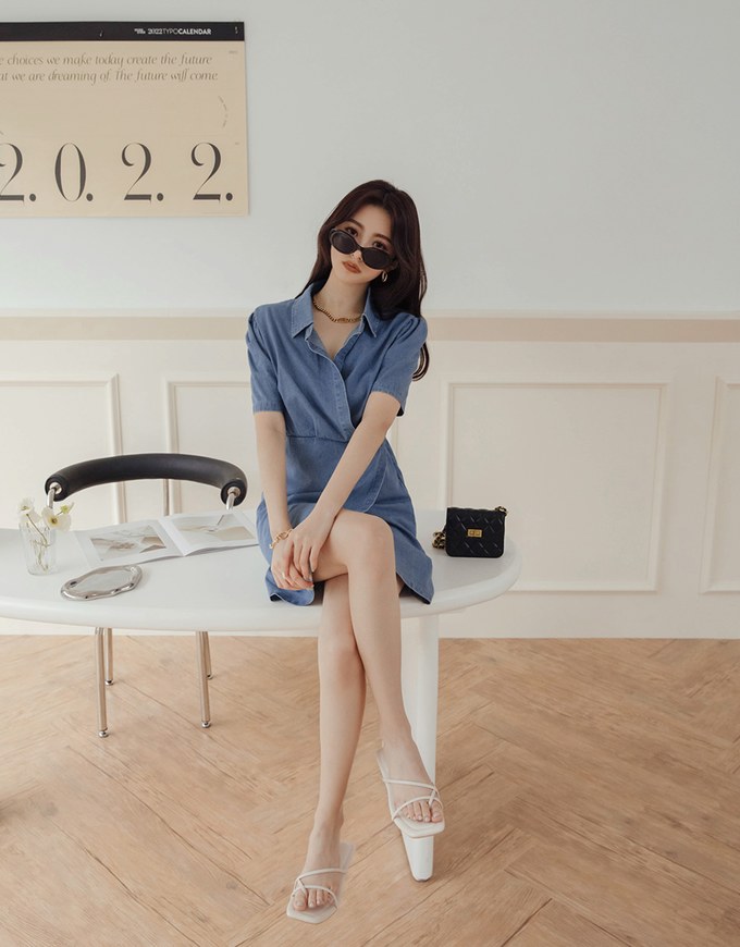 Voguish Arc Overlap Scrunch Denim Jeans Mini Dress
