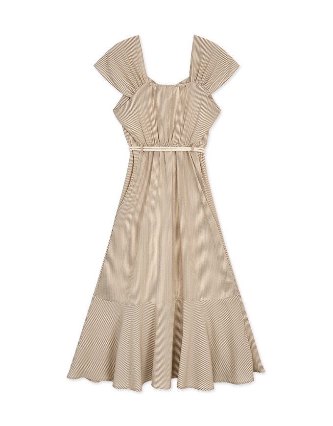 2WAY Striped Buttoned Splice Maxi Dress (With Belt)