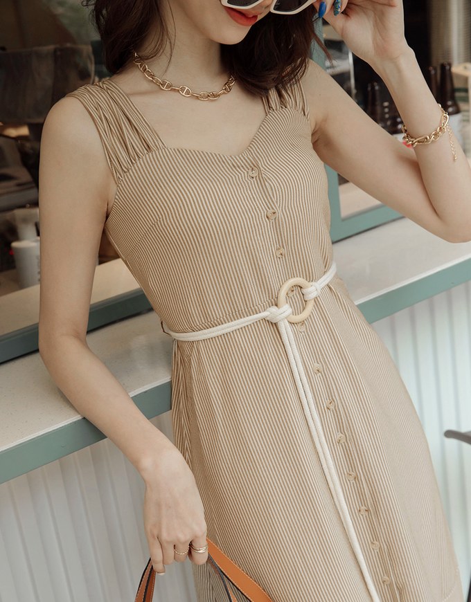 2WAY Striped Buttoned Splice Maxi Dress (With Belt)