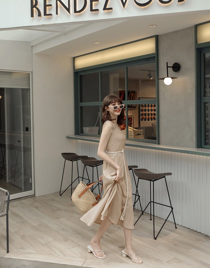 2WAY Striped Buttoned Splice Maxi Dress (With Belt)