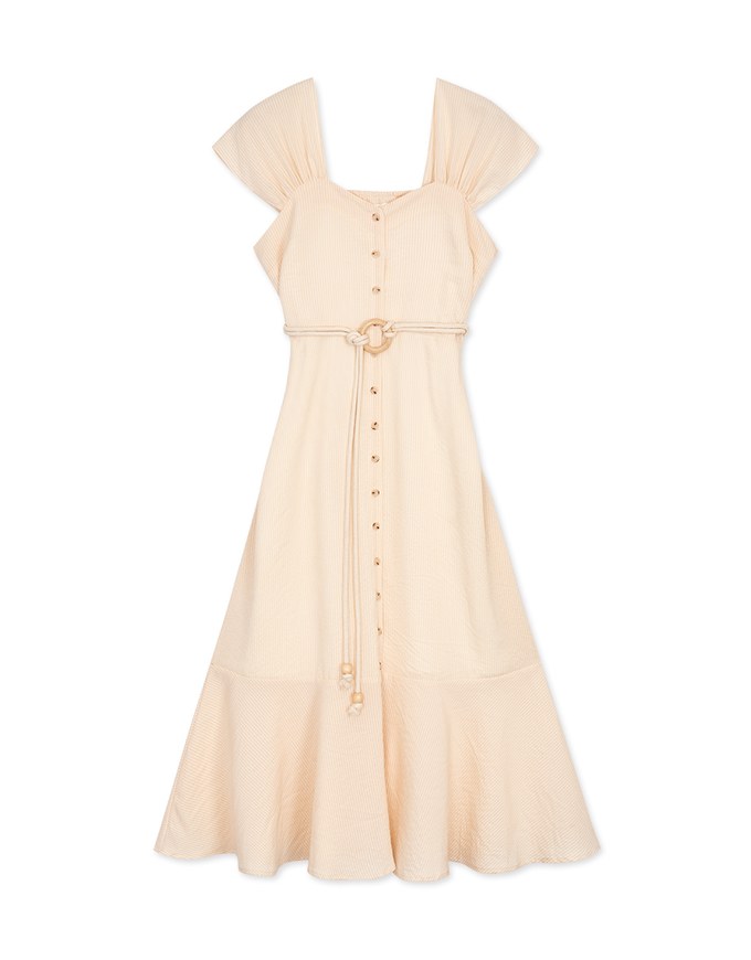 2WAY Striped Buttoned Splice Maxi Dress (With Belt)