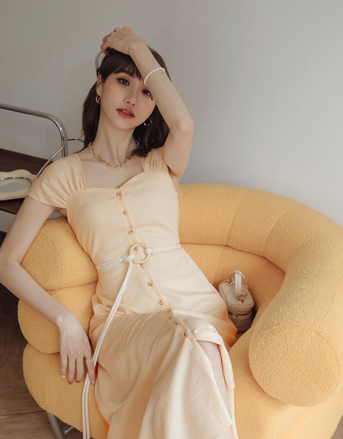 2WAY Striped Buttoned Splice Maxi Dress (With Belt)