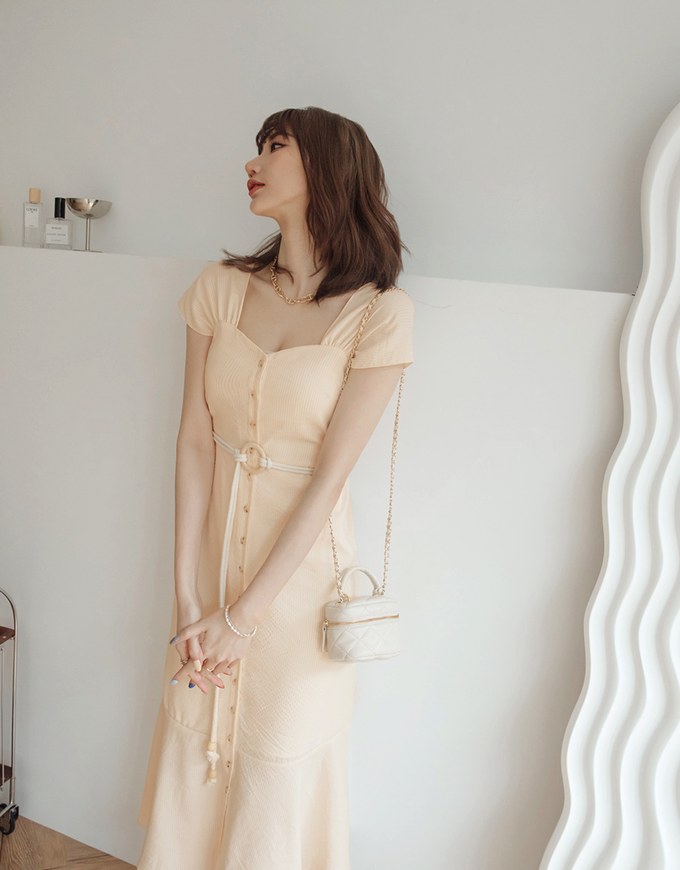 2WAY Striped Buttoned Splice Maxi Dress (With Belt)