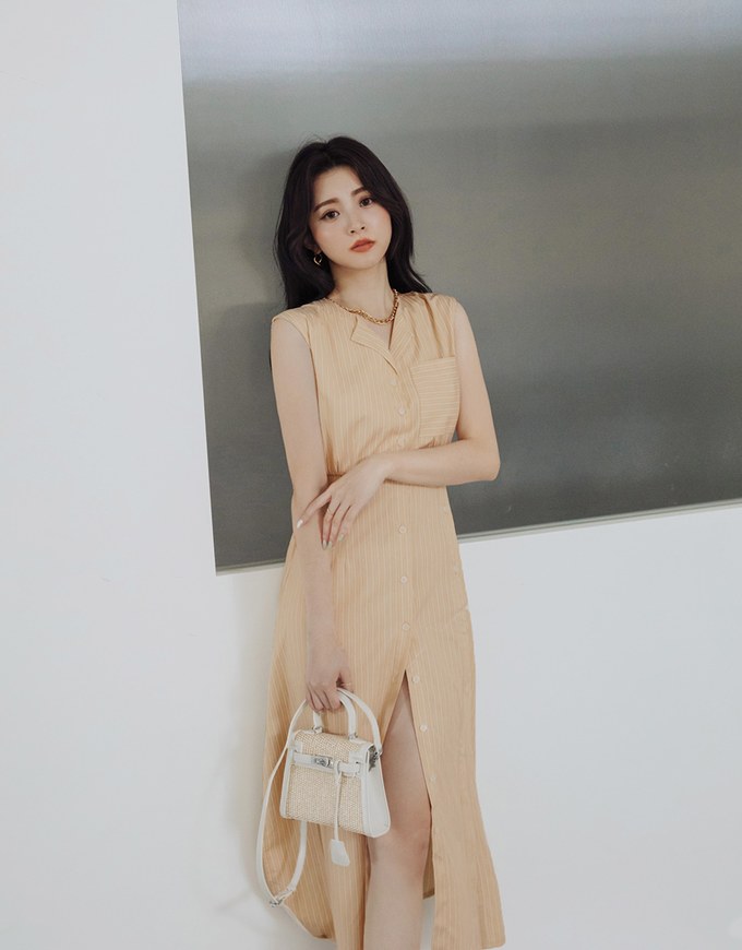 Striped Slit Shirt Maxi Dress