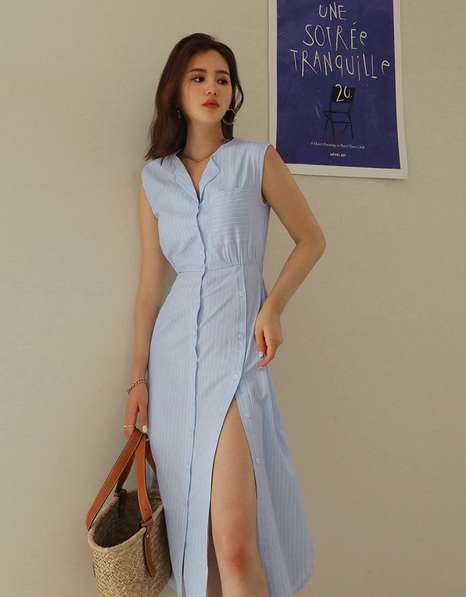 Striped Slit Shirt Maxi Dress
