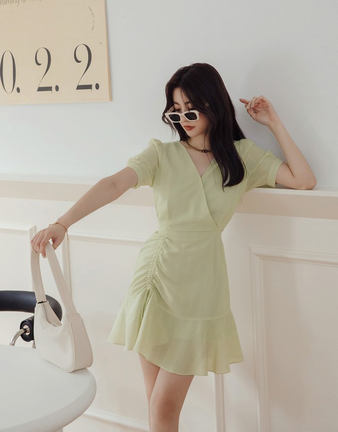 Side Scrunch Gingham Ruffled Hem Mini Dress