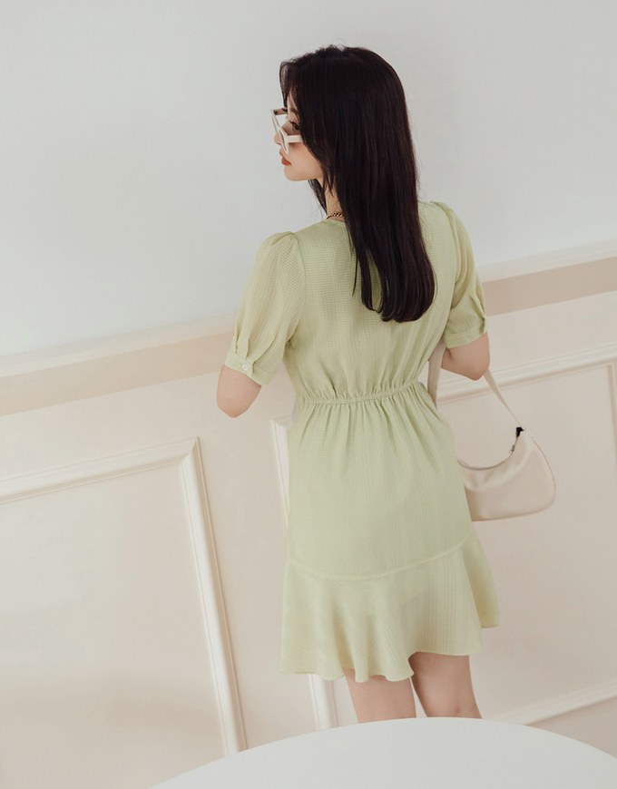 Side Scrunch Gingham Ruffled Hem Mini Dress