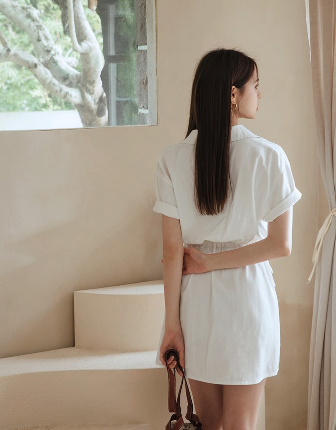 【Vacanza】Laidback Side Dual-Drawstring Mini Shirt Dress