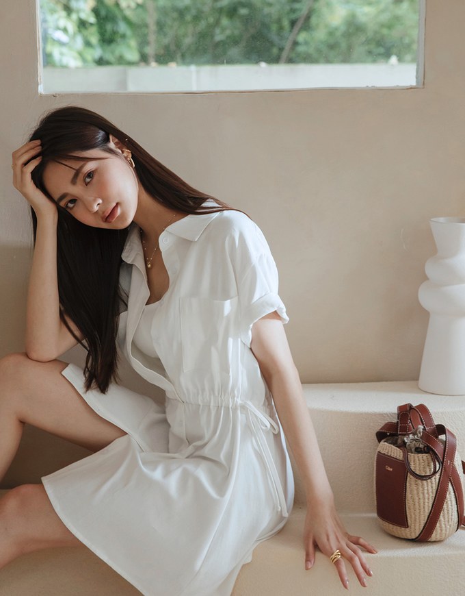 【Vacanza】Laidback Side Dual-Drawstring Mini Shirt Dress
