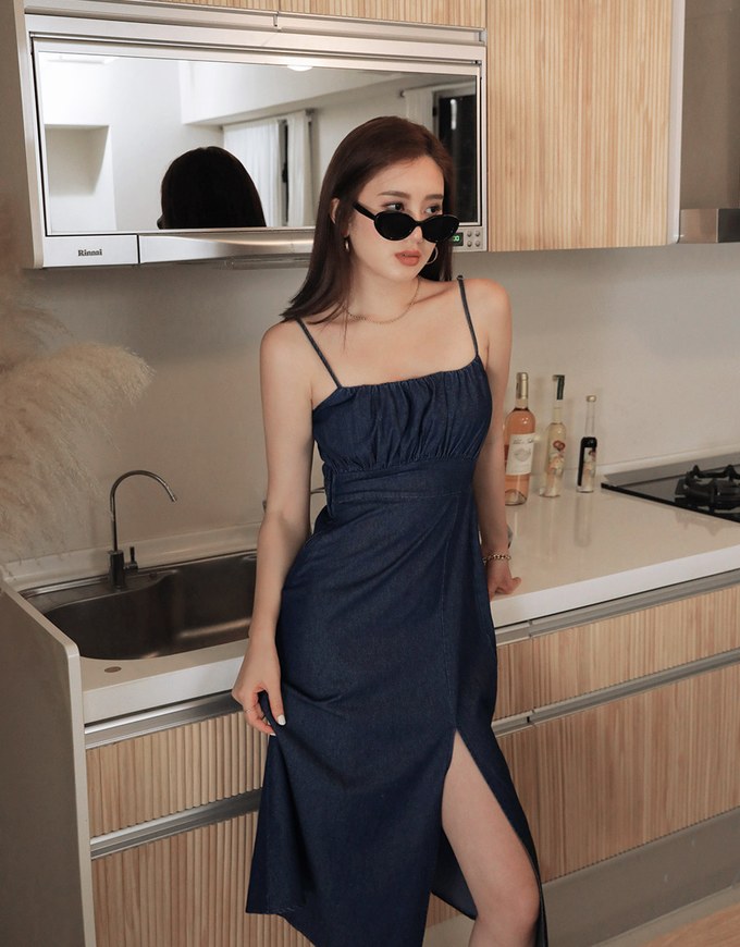 Classic Thin Strap Slit Denim Jeans Maxi Dress