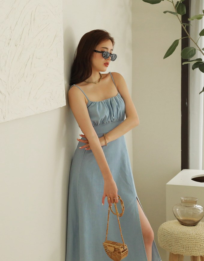 Classic Thin Strap Slit Denim Jeans Maxi Dress