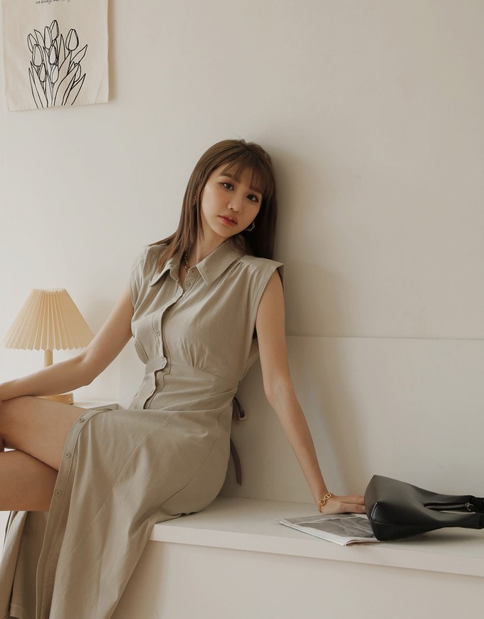 Cotton Linen Sleeveless Shirt Maxi Dress