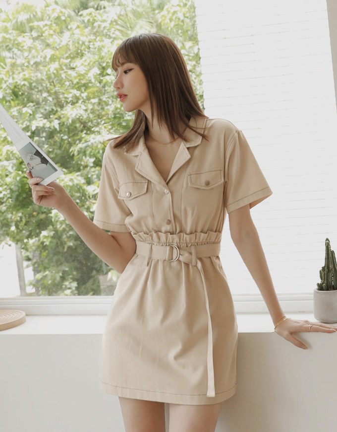 Paperbag-Waist Splice Lapel Mini Dress (With Belt)