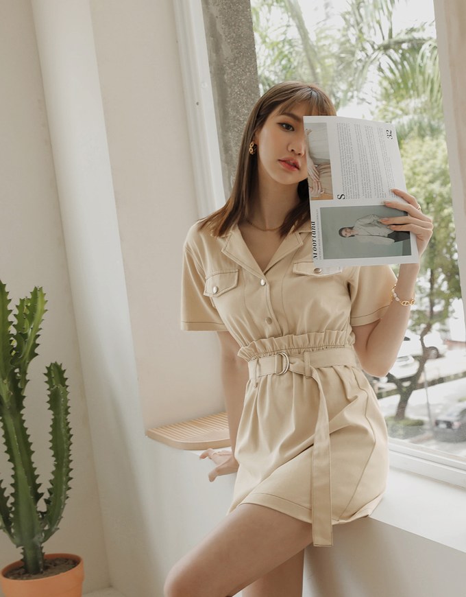 Paperbag-Waist Splice Lapel Mini Dress (With Belt)