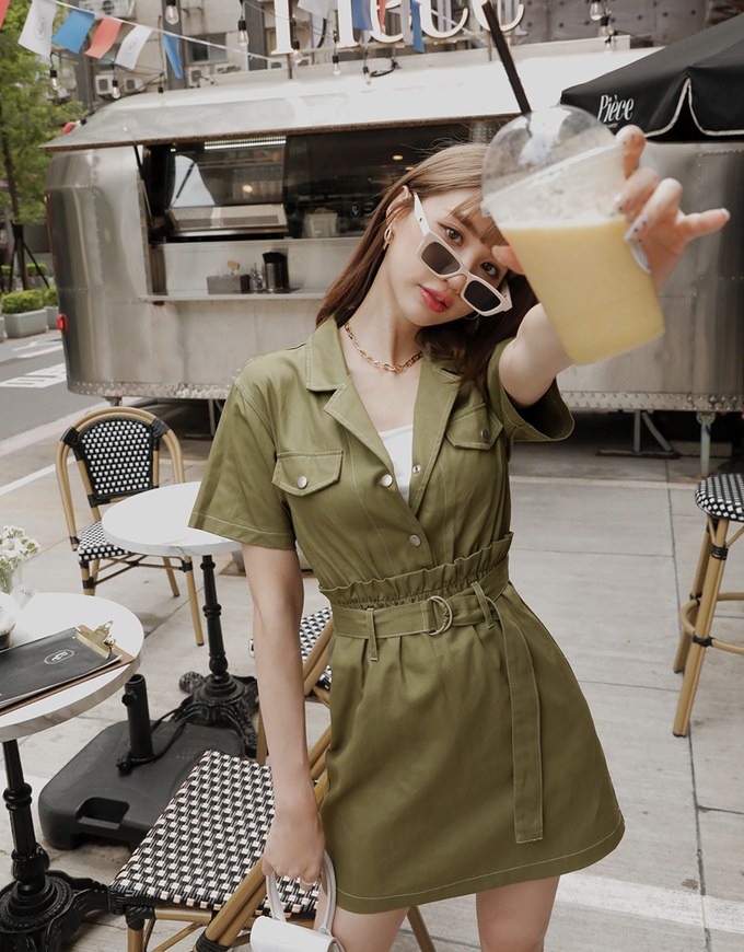 Paperbag-Waist Splice Lapel Mini Dress (With Belt)