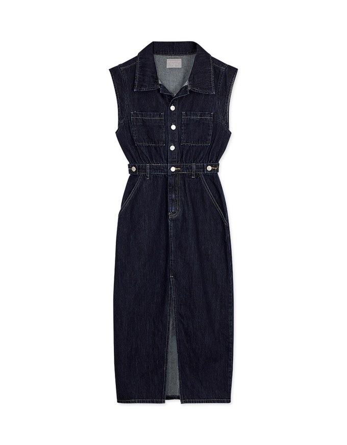 【Vacanza 】 Long Denim Jeans Dress With Lapel Collar And Placket Button Slit
