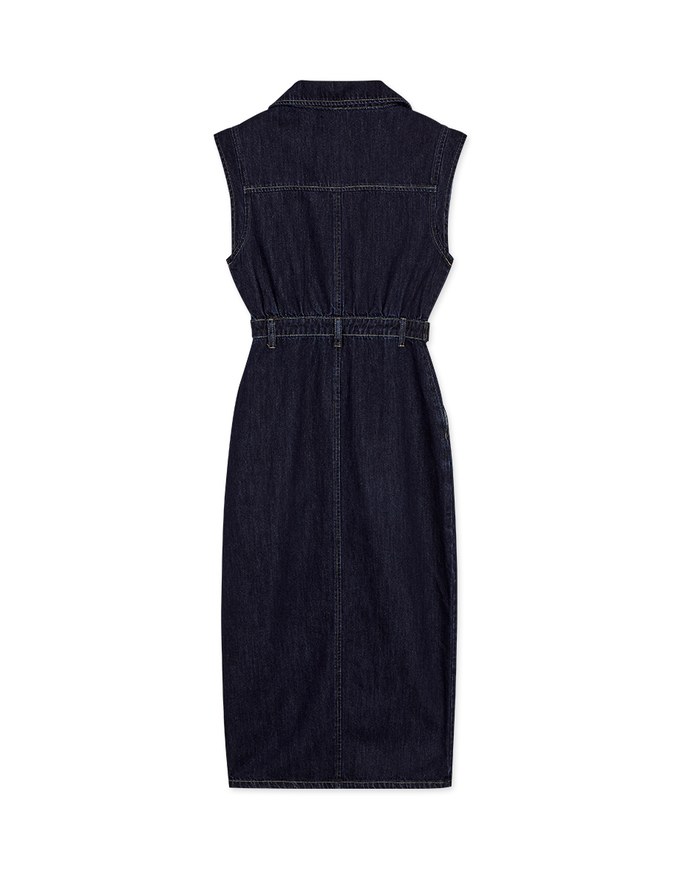 【Vacanza 】 Long Denim Jeans Dress With Lapel Collar And Placket Button Slit
