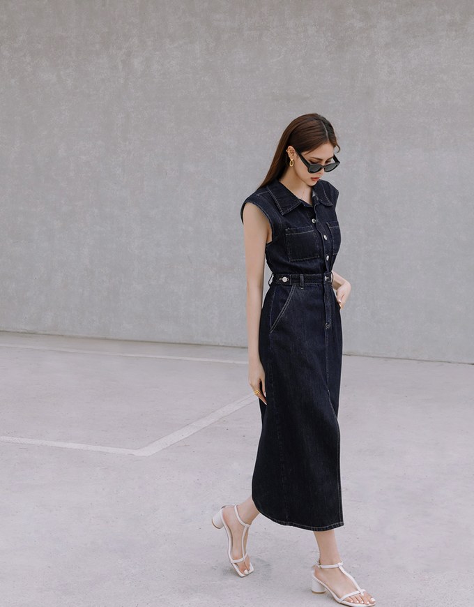 【Vacanza 】 Long Denim Jeans Dress With Lapel Collar And Placket Button Slit