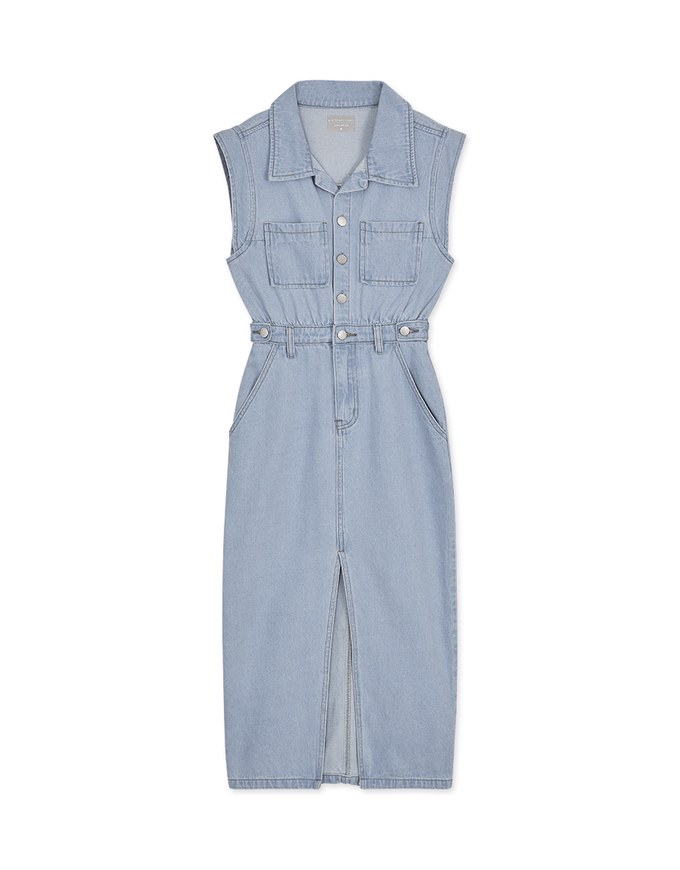 【Vacanza 】 Long Denim Jeans Dress With Lapel Collar And Placket Button Slit