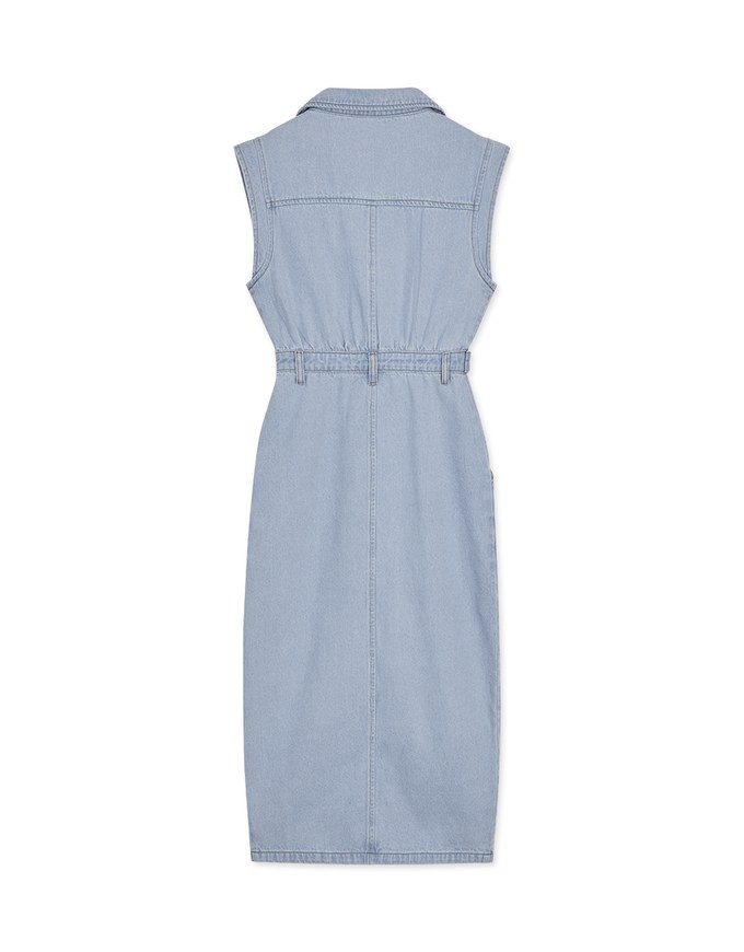 【Vacanza 】 Long Denim Jeans Dress With Lapel Collar And Placket Button Slit