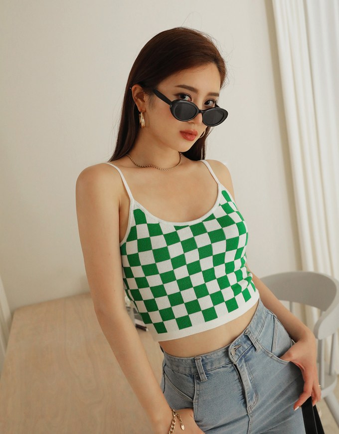 Voguish Checkered Knit Crop Cami Top