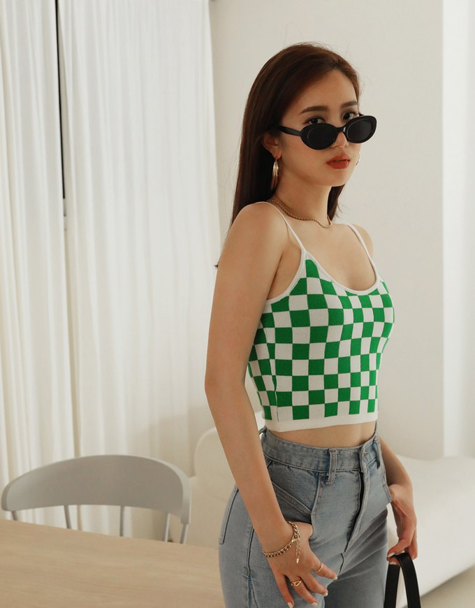 Voguish Checkered Knit Crop Cami Top
