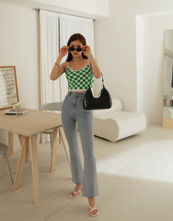 Voguish Checkered Knit Crop Cami Top