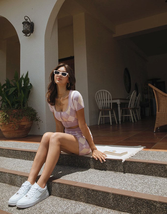 Diamond Square Neck Knit Skirt Set