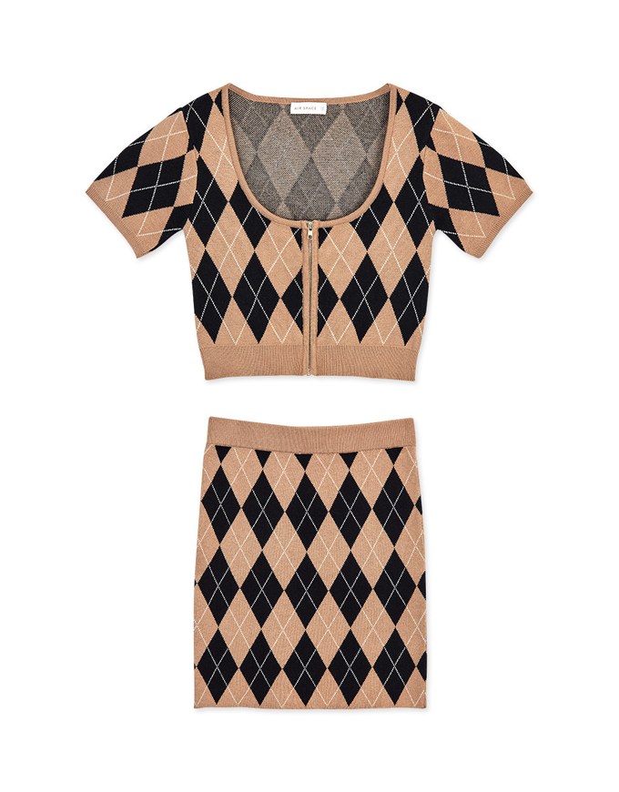 Diamond Square Neck Knit Skirt Set