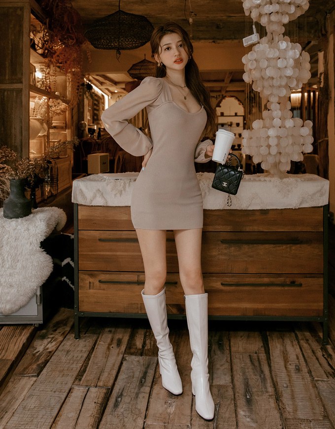 Square Neck Gauze Knit Mini Dress