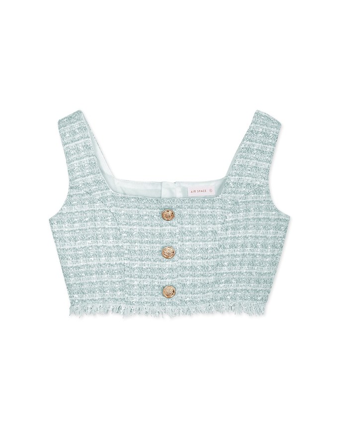 Square Neck Tweed Gold Button CropTank Top