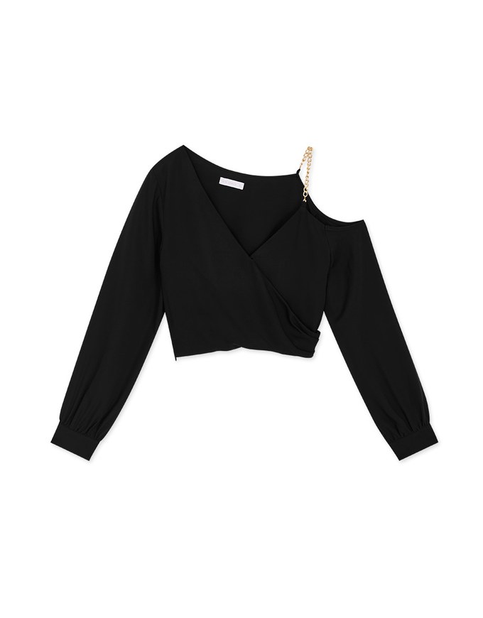 Overlapping One Shoulder Gold Chain Crop Top