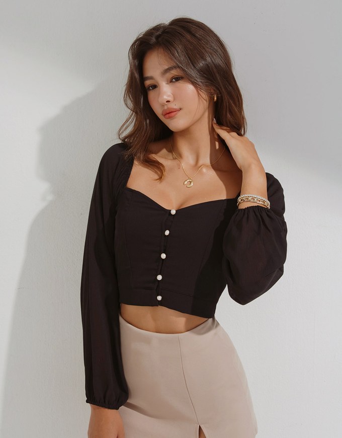 Square Neck Sheer Bead Button Puff Sleeves Crop Top
