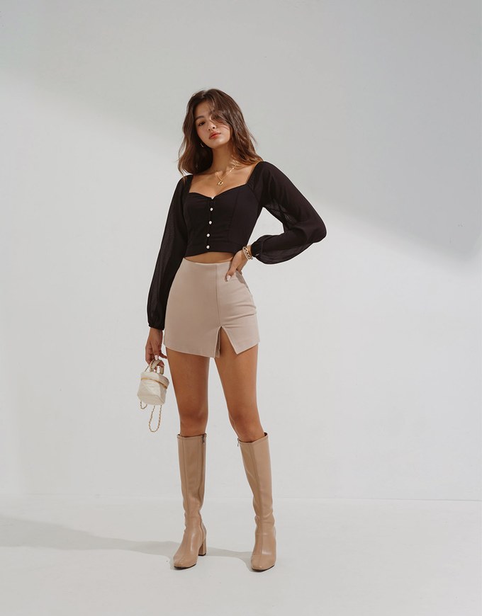 Square Neck Sheer Bead Button Puff Sleeves Crop Top