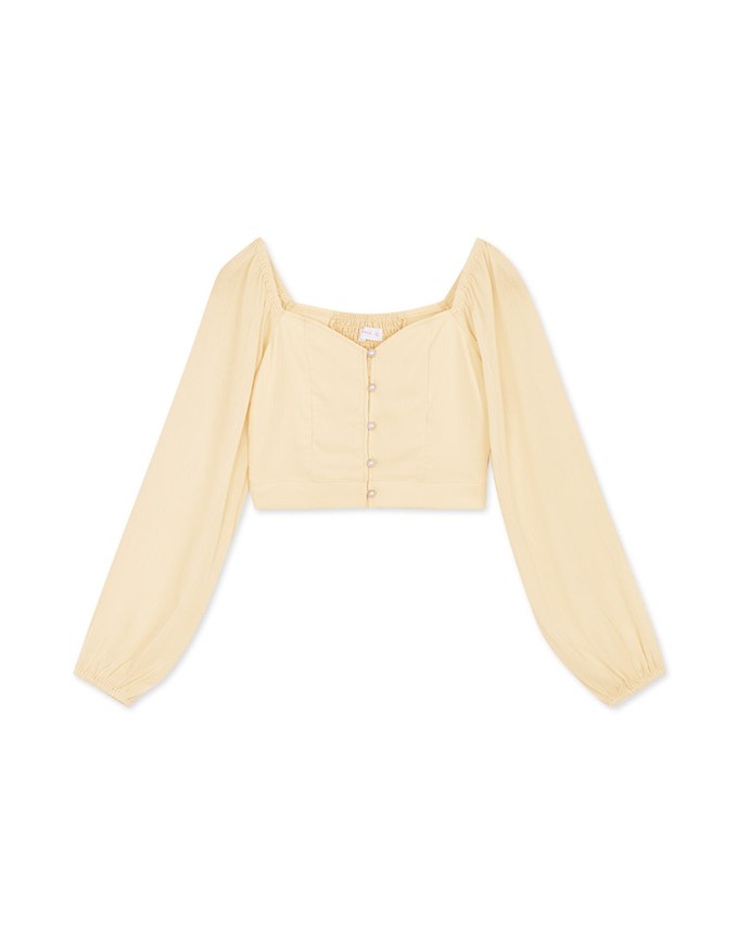 Square Neck Sheer Bead Button Puff Sleeves Crop Top