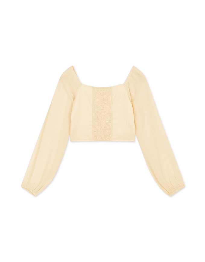 Square Neck Sheer Bead Button Puff Sleeves Crop Top