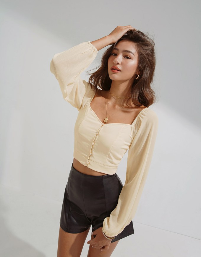 Square Neck Sheer Bead Button Puff Sleeves Crop Top