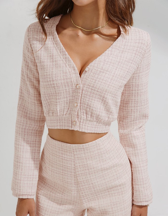 Chic Tweed Long Sleeve Crop Top