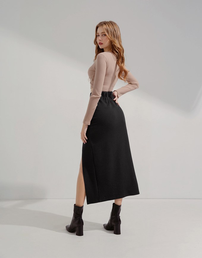 High Waisted Tweed Slit Elastic Maxi Maxi Long Skirt