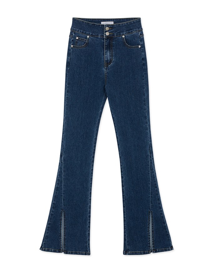 High Waisted Double-Button Slit Flared Denim Jeans Pants