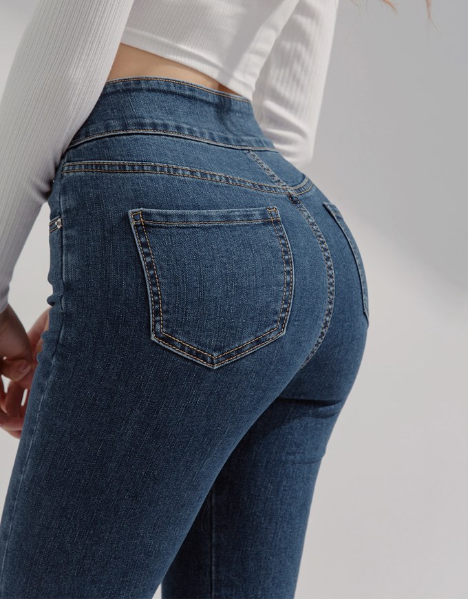 High Waisted Double-Button Slit Flared Denim Jeans Pants