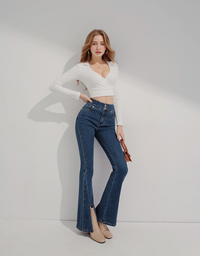 High Waisted Double-Button Slit Flared Denim Jeans Pants