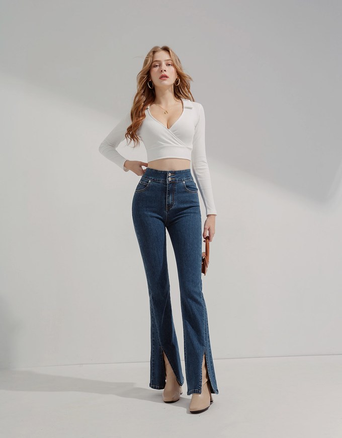 High Waisted Double-Button Slit Flared Denim Jeans Pants