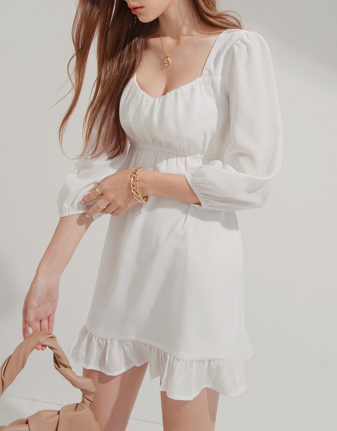Square Collar Wrinkled Mini Dress