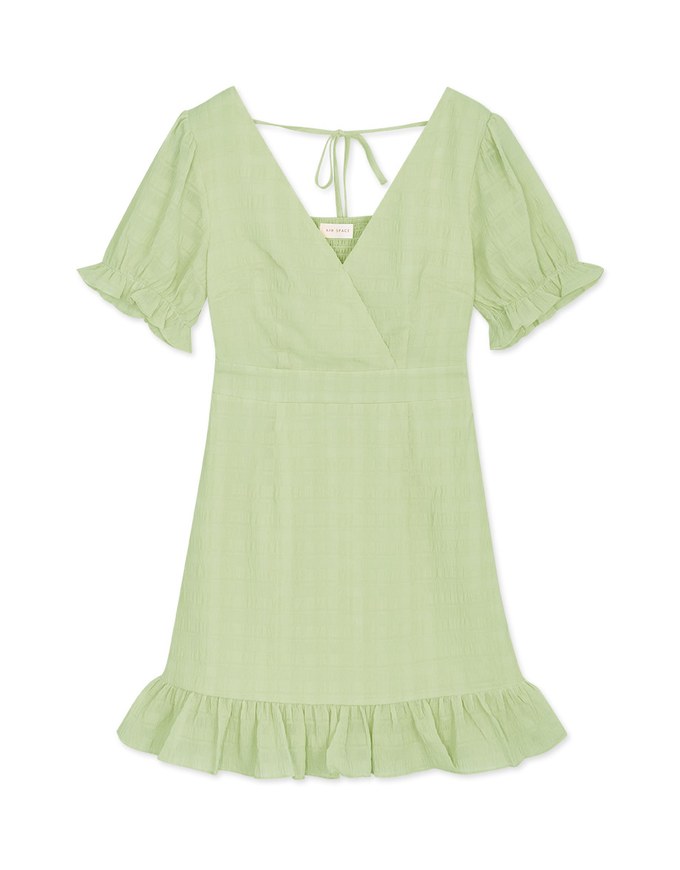 V-Neck Wrinkled Back Tie Lotus Leaf Mini Dress