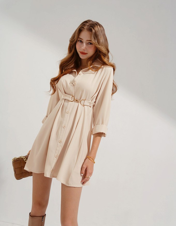 Gold Button Slim Waist Mini Dress