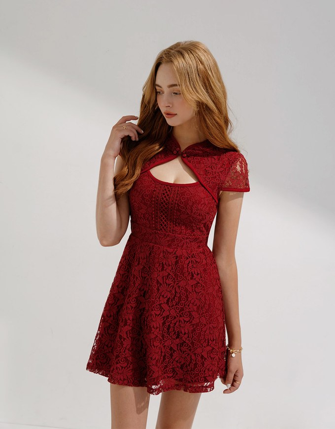 Qipao DRESS Front Cutout Lace Mini Cheongsam Dress