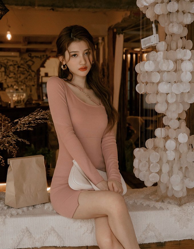Gold Chain Knit Slit Bodycon Mini Dress