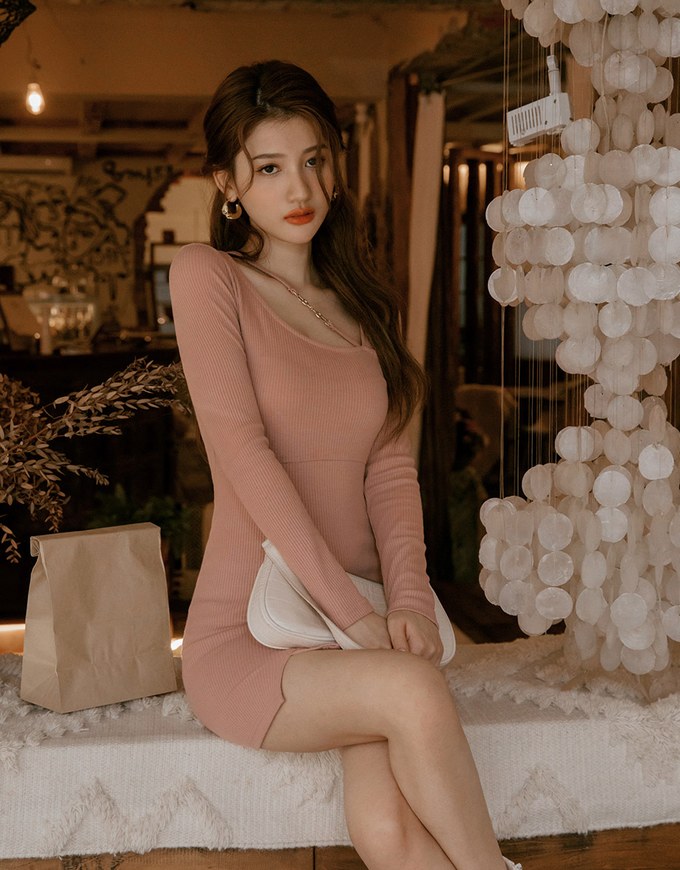 Gold Chain Knit Slit Bodycon Mini Dress