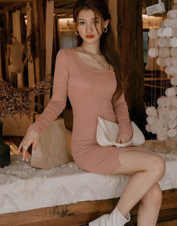 Gold Chain Knit Slit Bodycon Mini Dress